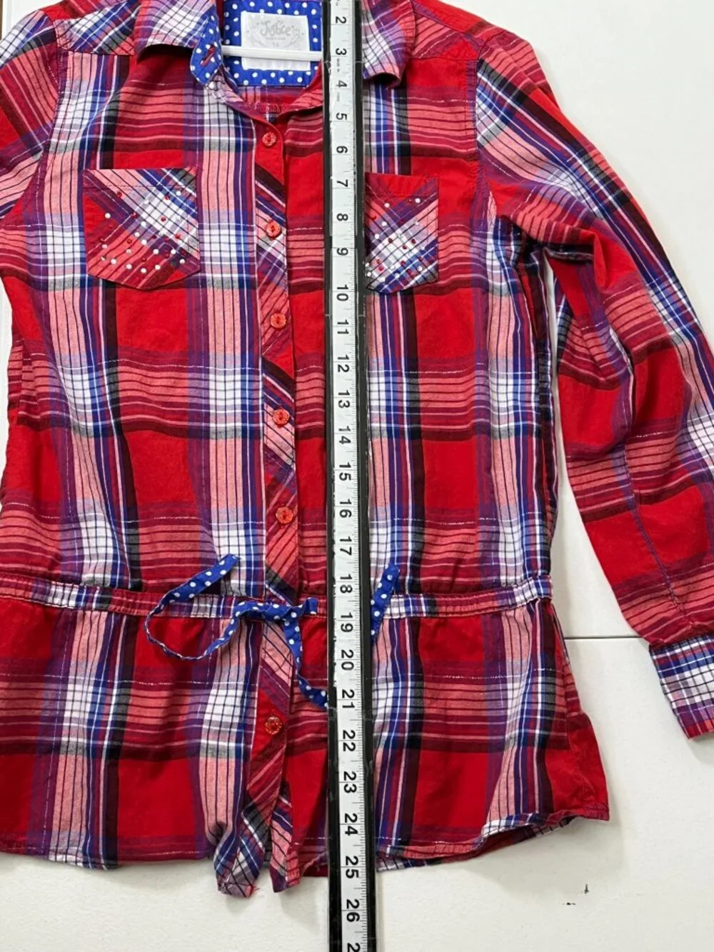 Justice Girls 14 Red Blue Plaid Button Down Shirt Preppy Fall